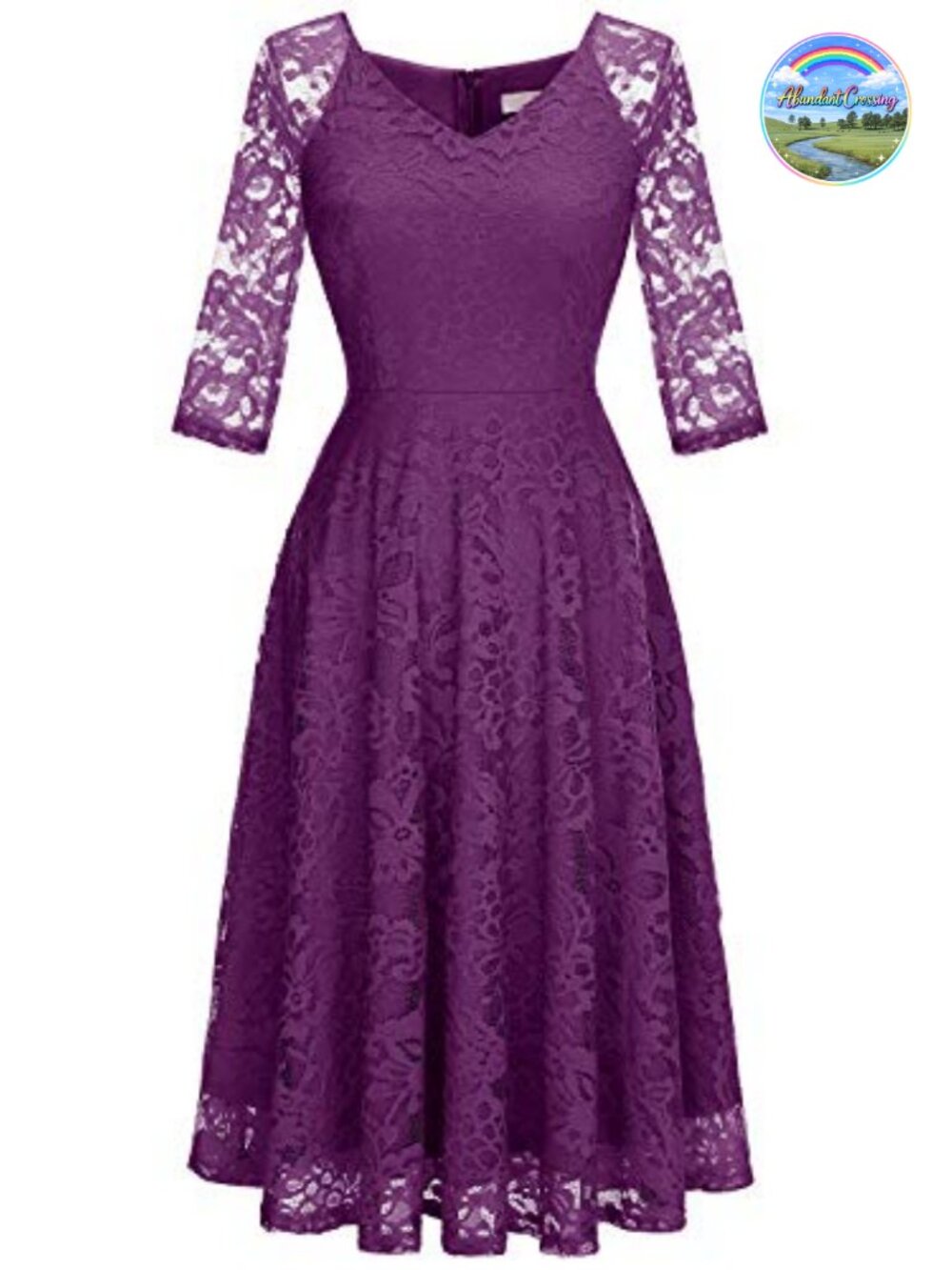 Lace A-Line Dress 3/4 Sleeve V-Neck Tea Length Formal Wedding Guest